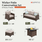 MIXPATIO Patio Furniture Set, 8 Pcs Wicker Rattan Outdoor Conversation Set, 4 x Leg Chairs, 1 x 3 Seater Sofa and 2 x Ottomans with 4" Thick Cushion and 32" Fire Pit Table, Beige