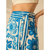 Talakeno Womens Floral Wrap Midi Skirt Summer Adjustable Tie Side Casual High Waist A Line Beach Boho Long Flared Skirts(Blue,S)