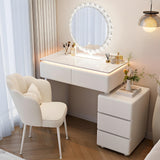 Quvex 31.5" Compact Makeup Vanity Desk with LED Sunburst Mirror & Ambient Light, Sintered Stone Top Vanity Table, 5 Drawers, Petal Chair, Extendable & Reversible Dressing Table, White