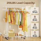 HYSEYY Double Rods Clothes Rack, Rolling Clothing Rack for Hanging Clothes Portable Wardrobe Rack, Metal Garment Rack Sturdy Coat Rack for Bedroom Laundry Living Room, White