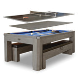 Hathaway Newport 7 Foot Pool Table Combo – 3 in 1 Game Table with Reversable Table Tennis Top & Dining Top – Includes Game Accessories & Two Benches – Chrome Accents, Rustic Gray Finish, Blue Felt