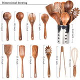 Kitchen Utenails Set with Holder,Kitchen Wooden Utensils for Cooking, Wood Utensil Natural Teak Wood Spoons for Cooking