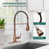 Akicon Antique Copper Pre-Rinse Spring Kitchen Faucet, Single Level Solid Brass Kitchen Sink Faucets with Pull Down Sprayer