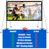 XIAOHUI Outdoor 150inch Projector Screen with Stand, Portable Projector Screen with Carry Bag Windproof Fixing Rope, Indoor 4K HD Movie Projection Screen for Room Outside Home Theater Backyard, 16:9