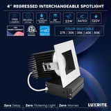 LUXRITE 4 Inch Recessed Light, Regressed Canless LED Spotlight, 5CCT 2700K-5000K, CRI90, 22W, 1700 Lumens, 38º, Interchangeable Square Black & White Baffle Trim, Dimmable, IC & Wet Rated (4 Pack)