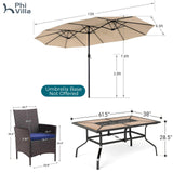 PHI VILLA 7pc Patio Dining Set w/Umbrella, Wood-top Table, Rattan Chairs
