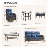Luxury Patio Furniture Set with 6-inch Thick Cushions, Outdoor Furniture Set with High Back Swivel Chairs, 10 PCS Wicker Outdoor Conversation Set for Porch, Patio, Yard, Deck, Poolside, Brown/Blue