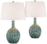 360 Lighting 26" High Gourd Mid Century Modern Coastal Table Lamps Set of 2 Teal Ceramic Fabric White Shade Living Room Bedroom Bedside Nightstand House Office Home Reading (Colors May Vary)
