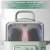 BUYDEEM G52 5.3 Quart Electric Food Steamer for 2-4 Servings, Vegetable Steamer for Cooking, 2-hour Keep Warm, 7 Preset Timings, Dual Boil-Dry Protection, Stainless Steel, Cozy Greenish