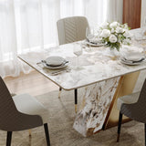 POVISON 63" Hobart Modern Dining Table for 4, Glossy Sintered Stone Dining Tabletop with White and Gold U-Shape Carbon Steel Pedestal, 63 inch Rectangle Dining Room Table (Table only)