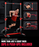 Squat Rack with Adjustable Pull-Up Bar & Extended Safety Arms, 35"-67" Width, Fixed 83” Frame Height, Pull-Up Bar Height 71.5"-80.5", Fits 6FT & 7FT Barbells