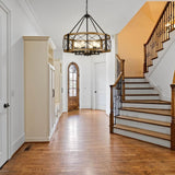 Modern Chandelier for Dining Room, 6-Light Wood Grain Finish Farmhouse Chandelier, 22.5” Rustic Drum Hanging Light Kitchen Island, Round Metal Hanging Light Fixture for Foyer, Entryway, Bedroom