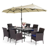 PHI VILLA 7pc Patio Dining Set w/Umbrella, Rectangular Table, Rattan Chairs