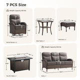 moosprr Luxury Patio Furniture Set with Fire Pit Table, Outdoor Furniture Set with High Back Swivel Chairs & 6-inch Thick Cushions, 7 PCS Fire Pit Patio Set for Yard, Deck, Poolside, Brown/Grey