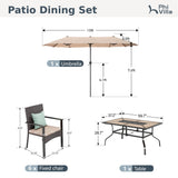 PHI VILLA 7pc Patio Dining Set with Umbrella, Wood-top Table, Rattan Chairs