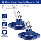Nuogo 12 Pcs Enamel Camping Tableware Set Dinnerware Kit Includes 12 oz Coffee Mugs Camping Plates Bowls and Utensils Set with Knife Fork Spoon for 2 People Hiking Picnic Outdoor(Blue)