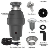 GarveeTech Garbage Disposal 1/2 HP, Continuous Feed Food Waste Disposer with Air Switch & Flange Seal, Stainless Steel Garbage Disposer, Compact Food Waste Grinder for Kitchen Sink, Grey
