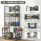 Fishing Rod Holders for Garage with Pegboard and Hooks, Fishing Pole Holders Up to 10 Rods, 3-Tier Anti-Drop Fishing Rod Storage Rack Cart with Lockable Wheels, Heavy-Duty Tackle Gear Organizer