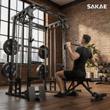 SAKAE Squat Rack, Multi-Function Power Cage with Adjustable Cable Crossover System for Strength Training, Power Rack with LAT Pulldown, Pull-Up Bar, Dip Bars & Training Attachments