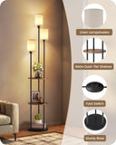 GOEBLESON 70.9" Floor Lamp with Shelves, Modern Floor Lamp with 3 Linen Shades and Foot Switch, 3-Light Standing Lamp, for Living Room, Bedroom, Study, Office, Rustic Brown and Beige EF53LD05