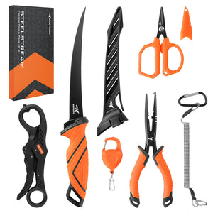 6pc Fishing Tool Kit - Corrosion Resistant Fishing Pliers with Lanyard, Fillet Knife, Floating Fish Lip Gripper KastKing