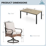 MFSTUDIO 7PC Patio Dining Set, Rectangular Table, Swivel Rattan Chairs