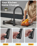 Hiqufet Black Kitchen Faucet with Soap Dispenser & Pull Down Sprayer, Rv Kitchen Sink Faucets for Pot Filler, Farmhouse Camper Bar Sink Laundry, RV Bathroom, Single Hole Single Handle Stainless Steel