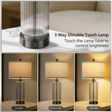 WIHTU Table Lamps Set of 2 with Vertical Grained Glass, 3-Way Dimmable Nightstand Lamp with Touch Control, 27" Modern Glass Bedside Lamps with USB A+C Ports, Glossy Black Desk Lamp for Bedroom