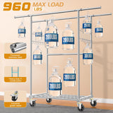 100% Stainless Steel Heavy Duty Clothes Rack Load 960LBS, Three Rods Clothing Racks for Hanging Clothes Extendable，Rolling Garment Rack With Sturdy Wheels Shelves Hooks, Portable Closet Wardrobe Rack