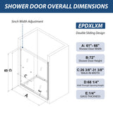 Double Sliding Shower Door 61-66" W x 72" H with Nano Anti-Explosion Safety Film, 1/4" (6mm) Tempered Glass Semi-Frameless Bypass Bathroom Shower Glass Doors,Brushed Gold