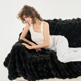 Wajade Fluffy Faux Fur Throw Blanket for Couch Bed 60x80, Luxury Soft Thick Fuzzy Plush Bubble Blanket, Warm Cozy Blanket for Sofa Chair, Black