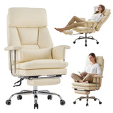 Furniliving Big and Tall Office Chair with Footrest, PU Leather High Back Executive Office Chair with Adjustable Lumbar Support, Gaming Chair with Padded Arm and Pillow, Height Adjustment, Beige