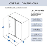 DELAVIN Frameless Shower Door, 56-60"W x 75"H Adjustable Glass Shower Door