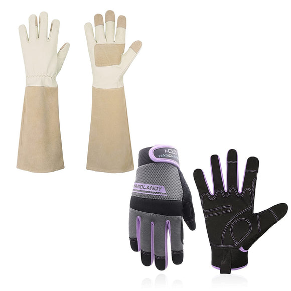 2 Pairs: Rose Pruning Long Gardening Gloves, Mechanic Working Touch Screen Yard Work Gloves - Beige, Purple, Large