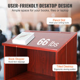 Podium Stand, 47 inch Hostess Stand with 4 Rolling Wheels, Wood Podium with Storage Shelves and Slant Desktop