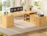 SEDETA Fluted 70.9" L Shaped Desk with Drawers and Storage Cabinet, Oak
