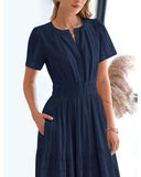 BTFBM Womens Summer 2026 Casual Midi Maxi Dresses Lightweight Short Sleeve V Neck Elastic Waist Boho Beach Dress Pockets(Navy, Medium)