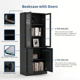 TUSY 71" H Bookshelf with Storage, 6-Tier Modern Bookshelves with 3 Large Drawer, Display Bookcase with Glass Doors, Modern 5-Tier Curio Cabinet for Home Office, Dining Room (Black, AB)