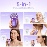 Electric Razors for Women Legs : 5-in-1 Rechargeable Body Shaver, 7D Wet & Dry Bikini Trimmer, IPX7 Waterproof Lady Hair Remover for Face Underarms Pubic, Violet