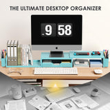 Desk Organizers and Accessories, Dual Monitor Stand Riser with Drawer and 2 Pen Holders, Desk Shelf Computer Racks & Printer Stand for Office Workspace Organizers, Desktop Organization (Blue)