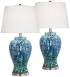 Possini Euro Design Temple Jar 27" Tall Modern Asian Table Lamps Set of 2 Blue-Green Teal Ceramic Living Room Bedroom Bedside Nightstand House Office Home Reading White Shade (Colors May Vary)