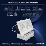 LUXRITE 2-Head Regressed Gimbal LED Recessed Spotlight, 360°+15° Adjustable, 5CCT 2700K-5000K, CRI90, 30W, 2000 Lumens, 60° Beam Angle, Rectangular White Finish, Dual Dimmable, IC & Wet Rated (2 Pack)