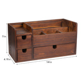 ExoLiry Rustic Brown Wooden Desktop Organizer Drawers Removable Office Supplies Torched Wood Storage Cabinet Caddy Box Stationery Pencil Slots Mail Holder Notes Accessories Home Makeup Tools Cosmetics