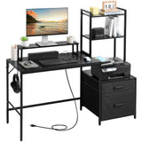 Computer Desk with Power Outlets and Storage Shelves, Reversible Home Office Desk with 2 Fabric Drawers