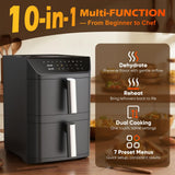 Dual Basket Air Fryer, 12.6QT Family-Size for 10–12 People, XL Basket for 6LB Whole Chicken, DoubleStack Compact Design, 10-in-1 Functions with Reheat, Dehydrate & SyncFinish, Dishwasher-Safe, Black