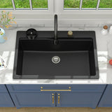 Lordear Granite Composite Kitchen Sink With Waterfall Faucet 33x22 Inch Drop In Kitchen Sinks Black Quartz Single Bowl Multifunctional Workstation Topmount Sink