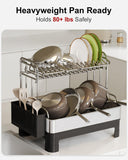 Extra Large Two Tier Stainless Steel Dish Drainer Drying Rack with Drainboard for Kitchen Counter, Modern Black and Silver, Rust Proof Metal, Space Saving Double Countertop Big Plates Dryer and Tray