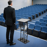 Curved Podium Stand 120cm/47in Height, Metal Black Pulpit Lectern Countertop Size 60x40cm with Baffle & Cup Holder