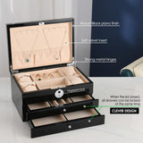 SYENS Jewelry Box with Fingerprint Lock, Black Wood Piano Lacquer Jewellery Organizer Storage Box with Drawer, 3-layer Full Lockable, for Women or Men's gift