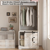 GlouMod 71" Tall Farmhouse Armoire Wardrobe Closet with 3 Drawers and Sliding Barn Door, 3 Doors Wooden Wardrobe Cabinet Clothing Storage Cabinet Organizer, Neoclassical White